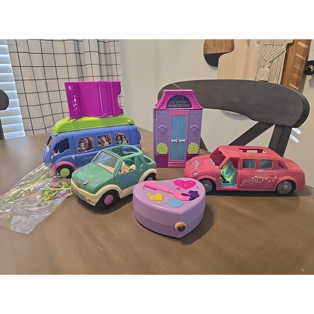 Lot Of 5 Polly Pocket Jeep/Art Studio Compact/Happening Pet Salon/Limo/Party Bus